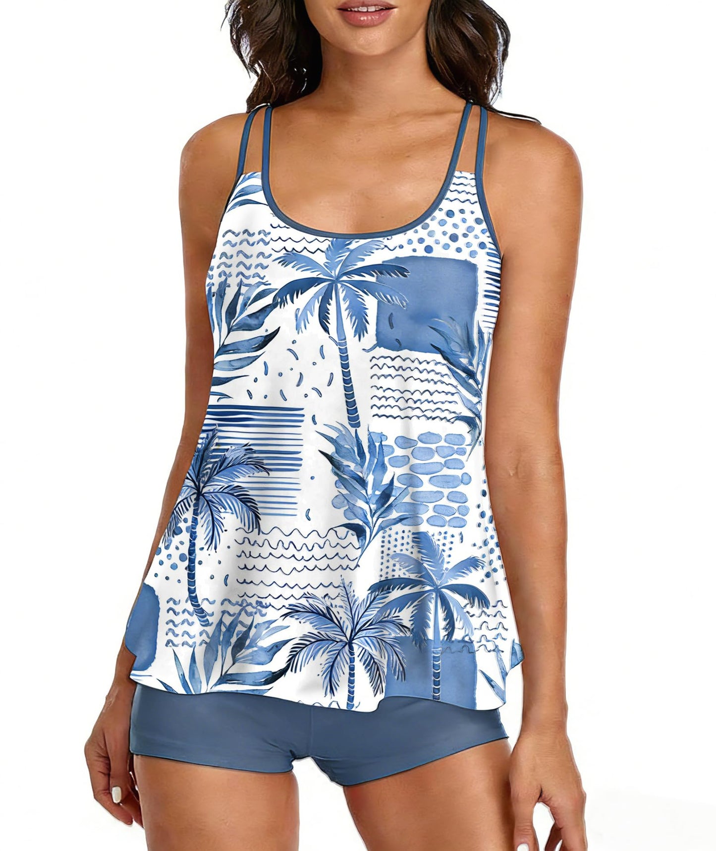 Stylish Swim Suits for Women Slimming Tankini Set Adjustable Straps 2 Piece Swimwear Tropical Hawaii Beach Pool Party Photoshoot Flattering Hides Belly Perfect for Vacation Blue Coconut Tree XL