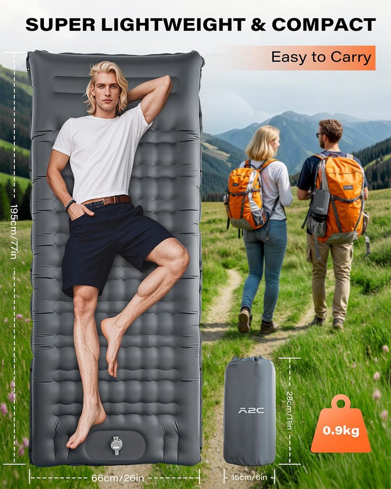 A2C 2025 Stocking Stuffers Foot Pump Thick Camping Sleeping Pad Will Built-in Pillow, Extra Support Air Columns, Ideas, Camping Essentials, Grey
