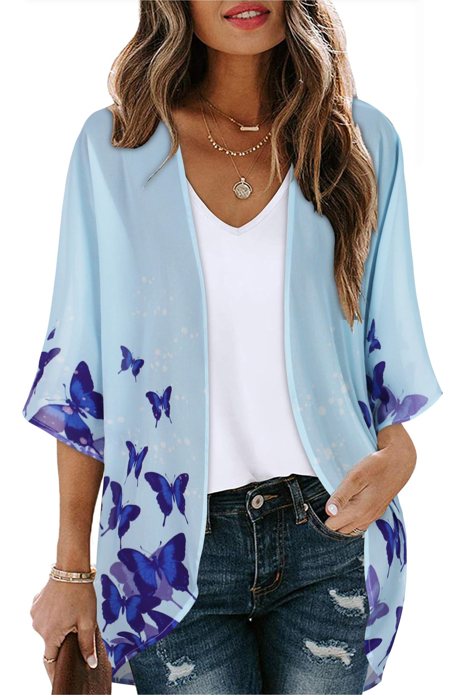 Women's Kimono Floral Cardigan Print Puff Cover Up Casual Blouse Summer Tops (Butterflies on Blue, 3XL)