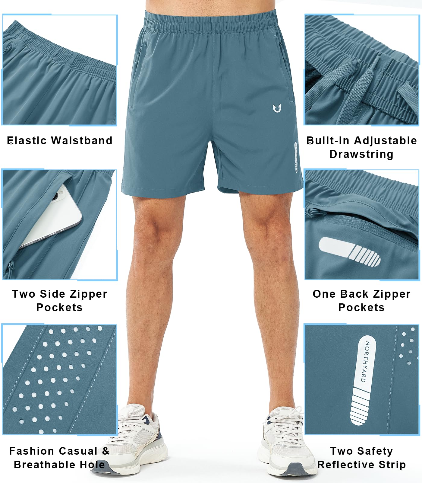 NORTHYARD Men's Athletic Running Shorts Gym Workout 7"/9"/5" Quick Dry Lightweight Sports Basketball Tennis 3 Zipper Pockets GREYBLUE-5inch 2XL