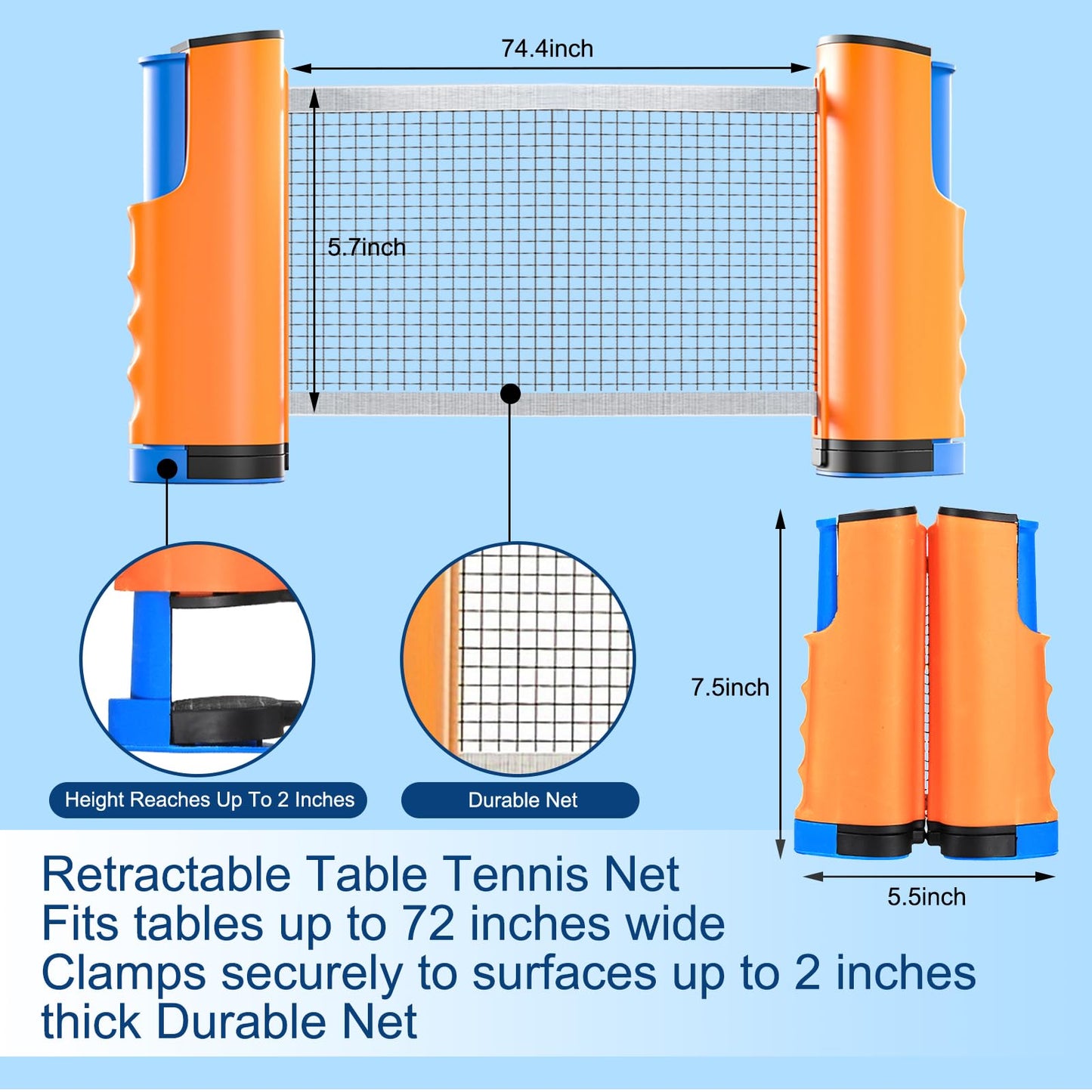Retractable Table Tennis Net - Portable & Adjustable Ping Pong Net for Indoor/Outdoor Play, Fits Tables Up to 72" Wide, Easy Setup, Durable Mesh Material - Blue