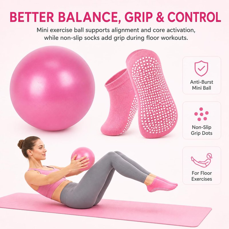 Kmjuix Pilates Kit for Women, 13 Piece Home Workout Starter Set with 14 Inch Ring, Mini Ball, 5 Resistance Bands, Yoga Socks, Stretch Strap and Carry Bag for Core Strength, Toning, Flexibility