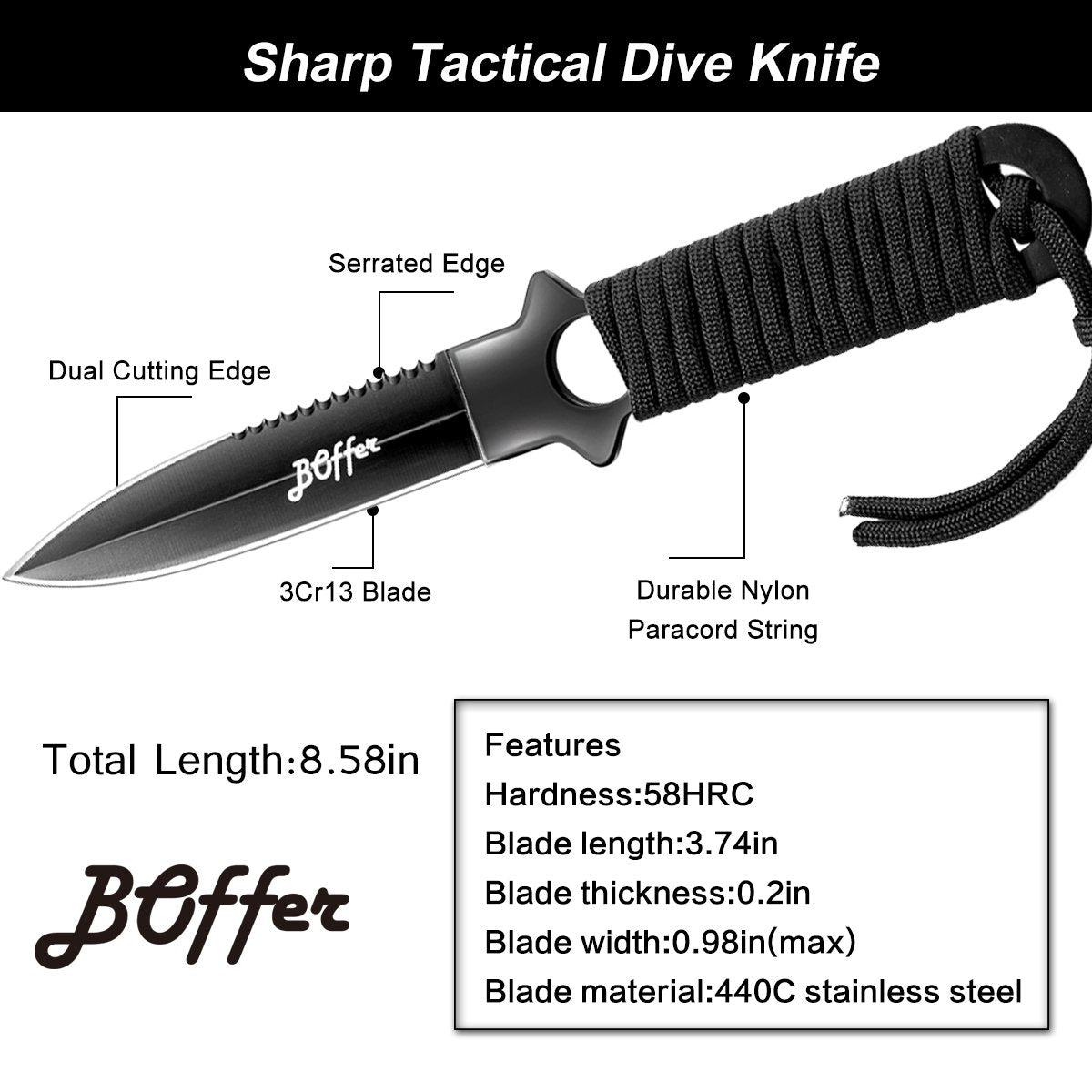 BOffer Dive Knife, Scuba Diving Knife with Sheath and Leg Strap, Black Tip Dive knife Double Edge with Nylon, ABS Sheaths and 2 Pairs Strap for Leg and Arm, Divers Sharp knives