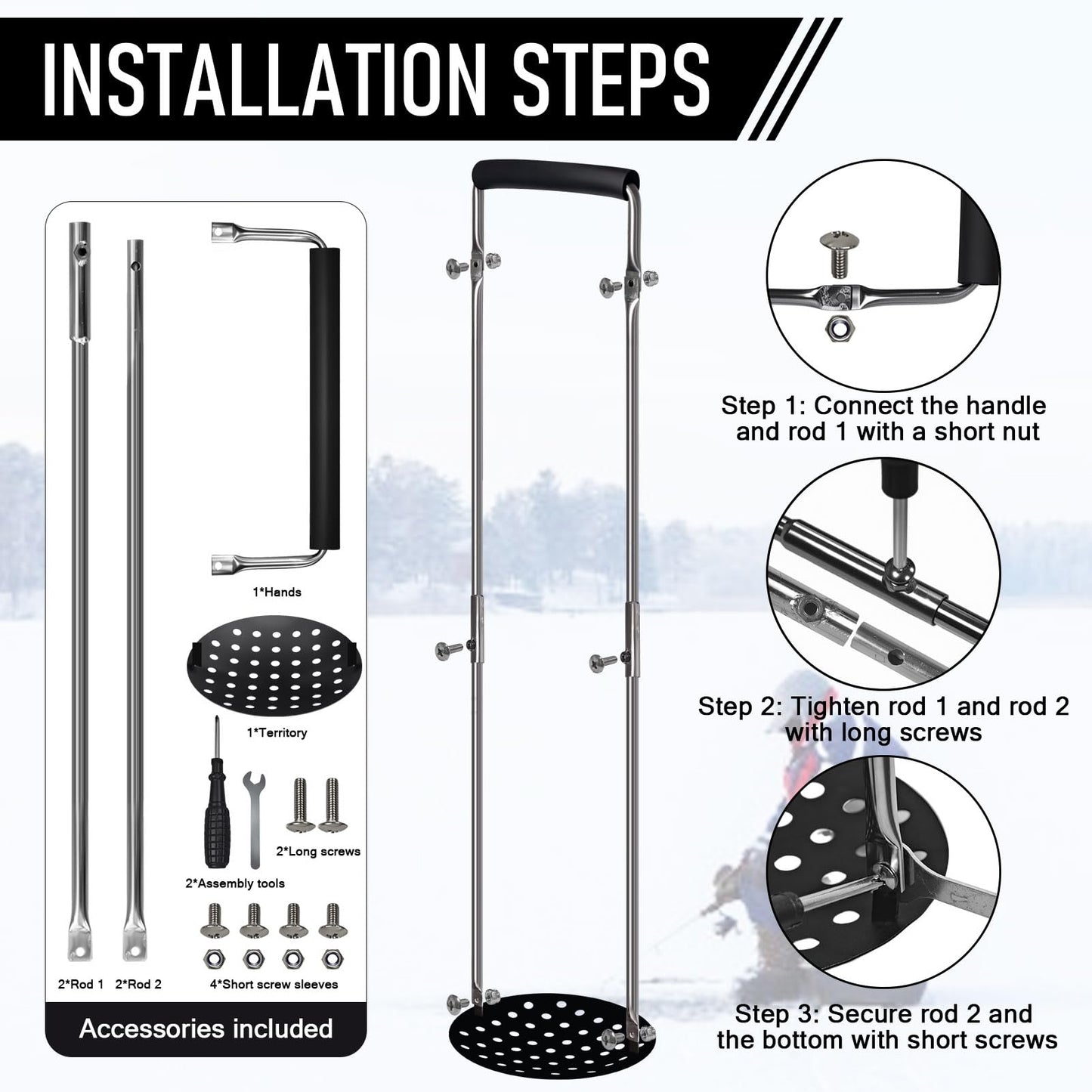 Jarquia Ice Fishing Gear Ice Skimmer for 6" Ice Augers Hole Cleaner,Foldable Ice Fishing Scoop with 35" Uprights,Aluminum Ice Fishing Accessories