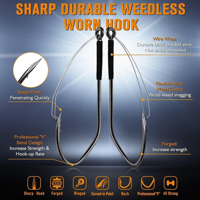 Weedless Worm Hooks for Wacky & Texas Rig Fishing - 30PCS Professional V Bass Hooks | Freshwater & Saltwater Sizes 1/0, 2/0, 3/0