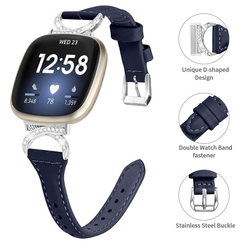 FitTurn Compatible with Fitbit Sense 2/Fitbit Versa 4 3 Bands for Women Men, Soft Genuine Leather Band Slim Strap Replacement Accessory Wristband + Metal rhinestone Adapter (Blue)