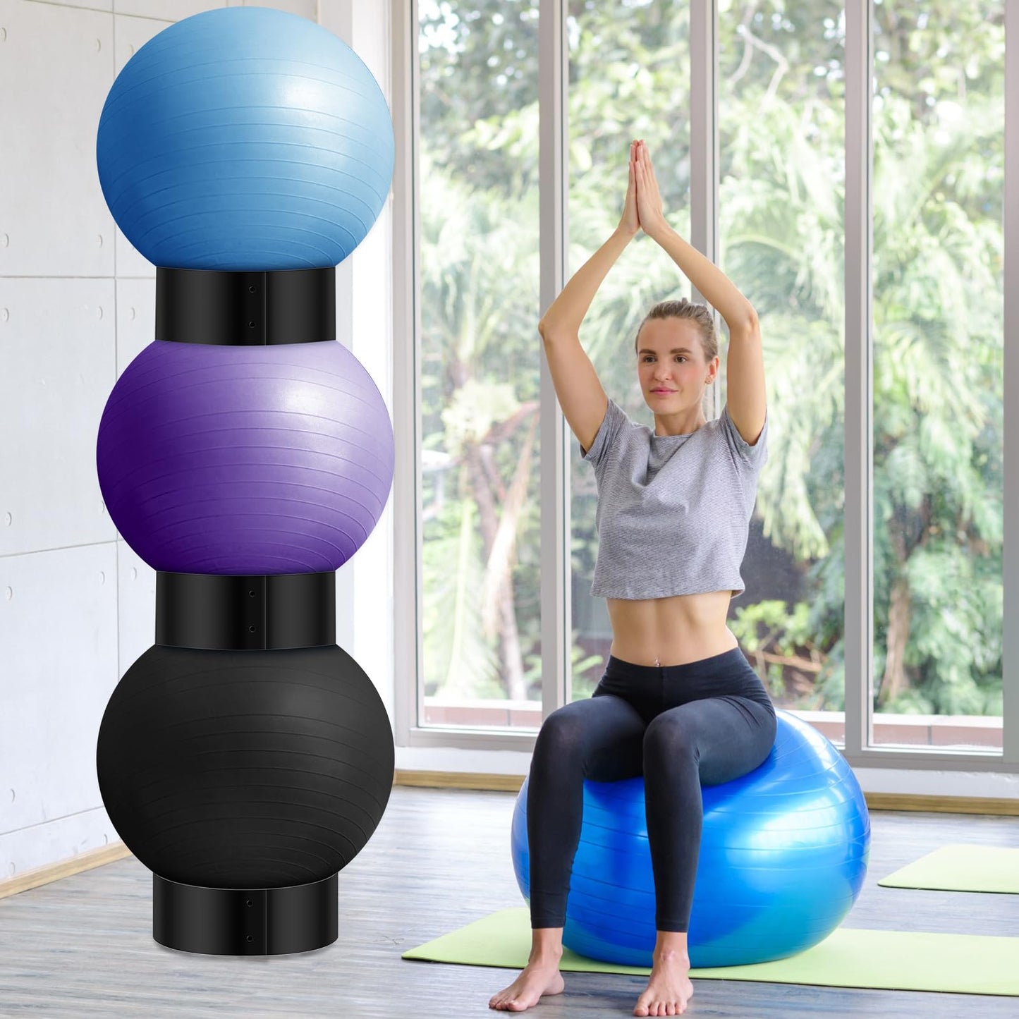 Wenqik 3 Pcs Exercise Stability Ball Display Holder 14.5 Inch Plastic Yoga Ball Holder Medicine Ball Rack Exercise Ball Base Therapy Ball Carrier Stand Stability Ball Storage Stackers (Black)