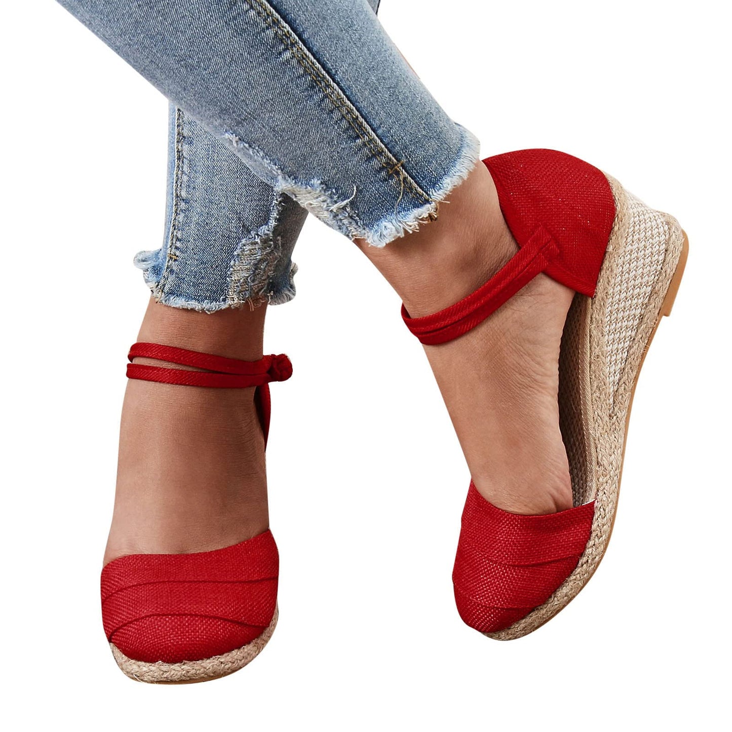 Shengsospp Women's Classic Espadrille Wedge Sandal Buckle Ankle Strap Espadrilles Wedge Casual Sandal Fashion Braided Breathable 01_Red, 7.5