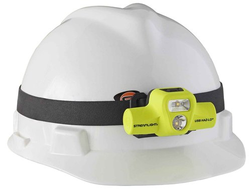 Streamlight 61460 USB HAZ-LO 250-Lumen Intrinsically Safe Headlamp with 120V AC Charging System, Elastic Head Strap, Rubber Hard Hat Strap, and 3M Dual Lock Fasteners, Yellow