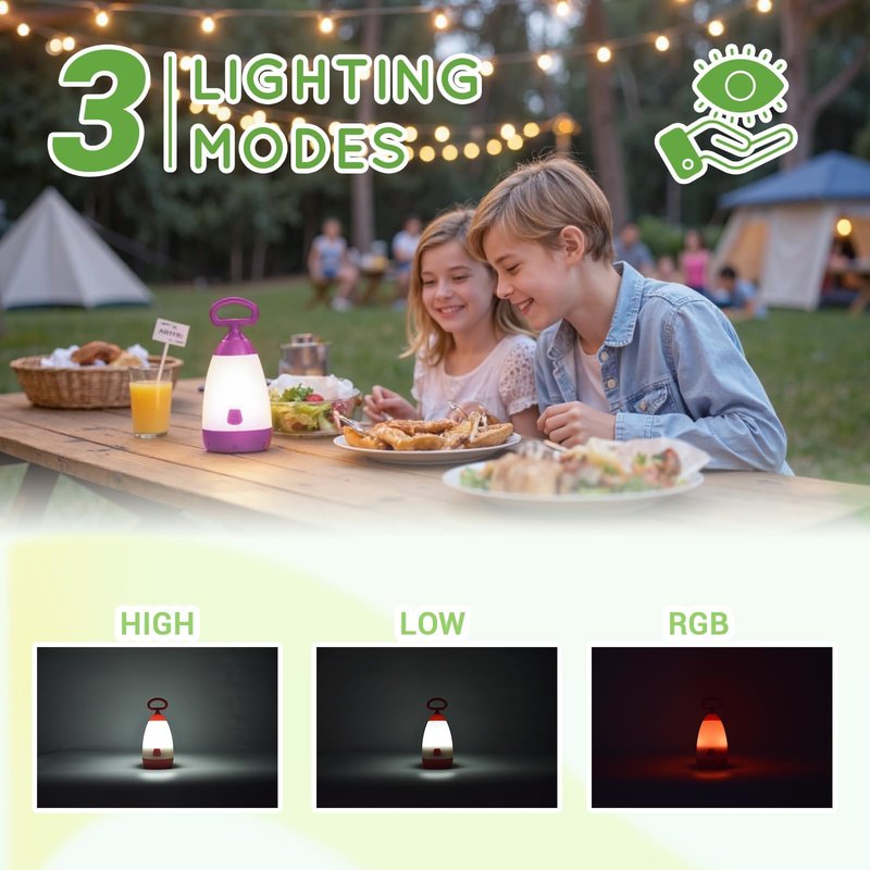 PEPTRONIC Kids Camping Lantern & Night Light Battery Powered (AAA Included), 360° Eye-Safe Light, IPX4 Waterproof with RGB Modes Portable for Outdoor, Emergency & Bedtime, Gift for Children (Purple)