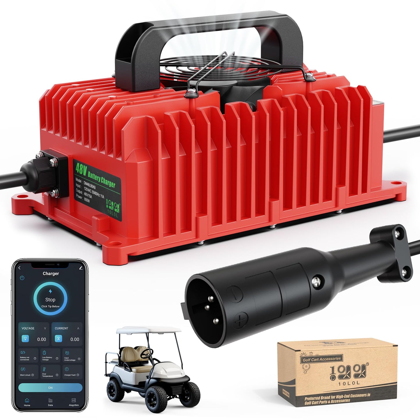 10L0L 48V Golf Cart Battery Charger for Club Car DS Precedent, 15Amp Smart Charger with 3-Pin Plug for Lead Acid Battery, AGM Battery, LiFePO4 Battery, IP67 Waterproof, Auto Shut-Off