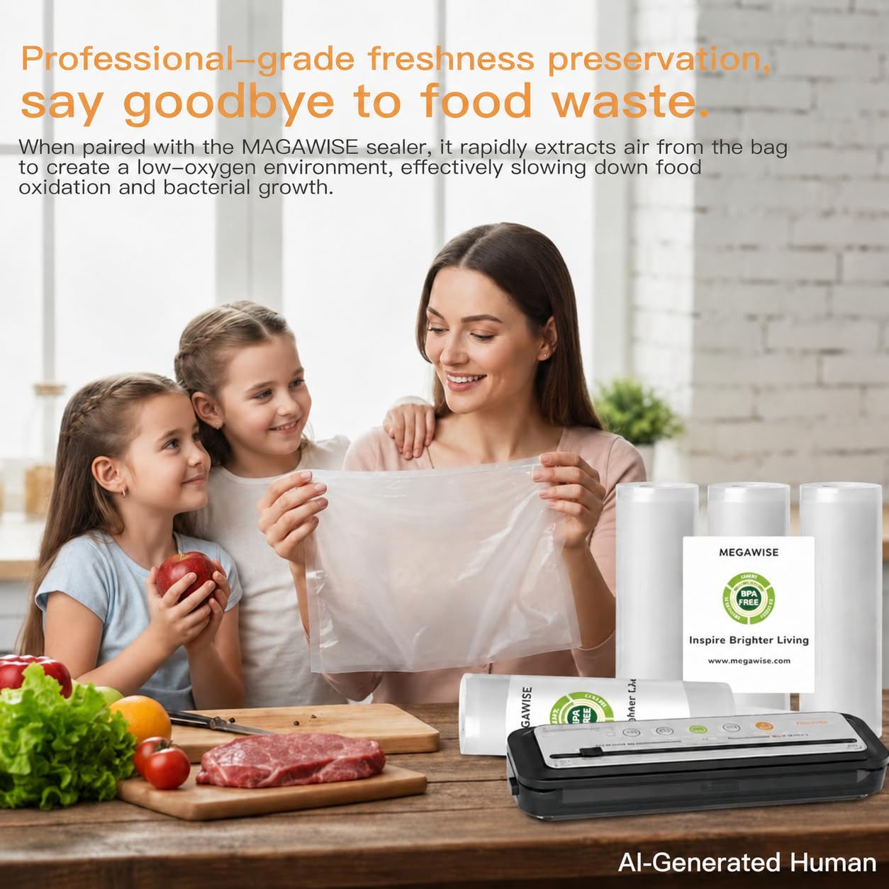 MegaWise 3 Rolls of Vacuum Sealer Machine Bags, 8 inch wide and 21.6 Feet Long for Megawise & other brand vacuum sealers Perfect for Meal Prep and Sous Vide Cooking