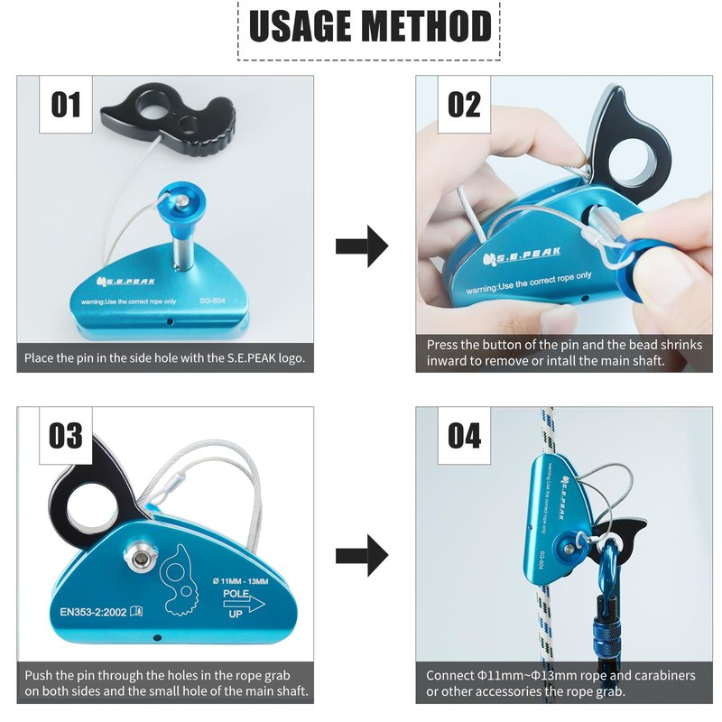 SEPEAK 15kN Detachable Rope Grab Ascender, Flip Line Adjuster,Grip Clamp,Fall Protection Belay Device for Rock Climbing,Tree Arborist,Climbing Rescue Caving, Mountaineering/Fit for 11~13 MM Rope/Blue