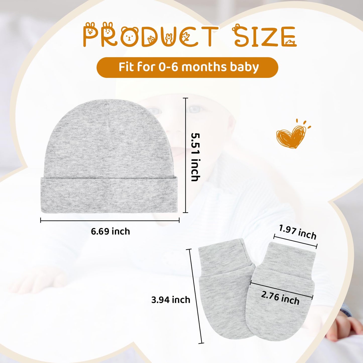 Century Star Cotton Newborn Baby Beanie Hats and Mittens Set Infant Hats for Baby Boy Girl Hats 0-6 Months for Halloween 1Pc White 0-6 Months