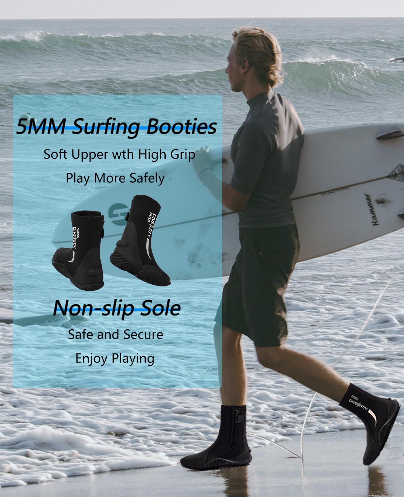 Skyone Neoprene Dive Boots, Men's & Women's 5MM Wetsuit Surf Booties, Tall Zippered Anti-Slip Rubber Sole Scuba Boots, Diving Booties for Sailing Snorkeling (Black, Mens 9 / Womens 10)