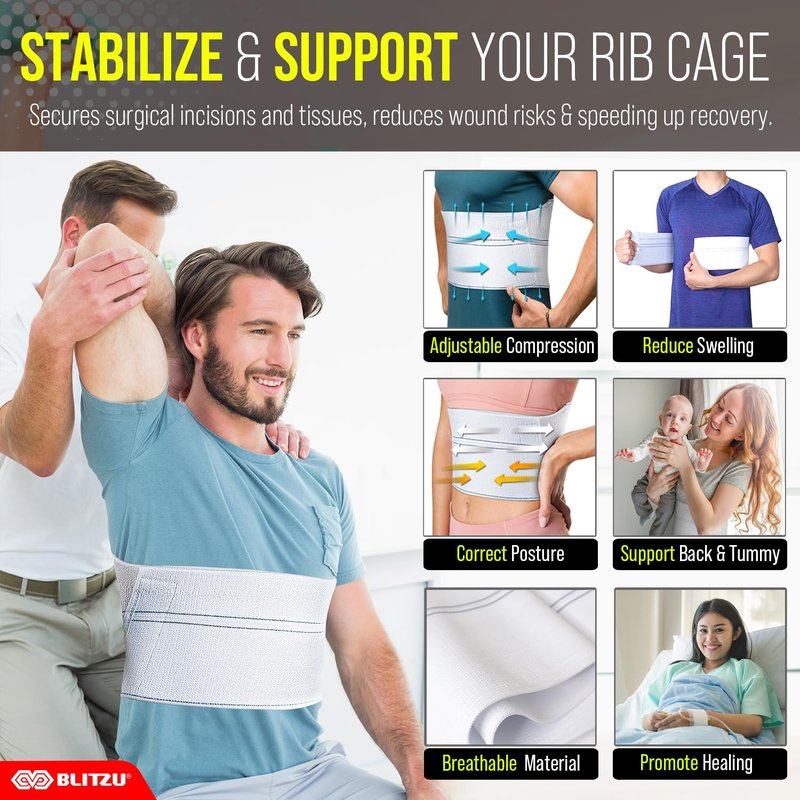 Broken Rib Brace for Women Men, 2 Panel Rib Cage Support Belt for Fractured, Bruised, Cracked, Dislocated Ribs Protection, Pre Post Surgery Recovery, Compression Wrap Binder for Chest, Stomach. Reg.
