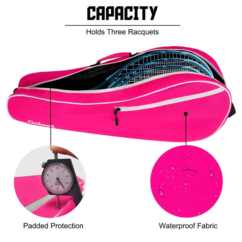 Goloni Tennis Bag for 3-4 Rackets, Water-Resistant Racket Bag with Padded Protection, Portable Tennis & Badminton Bag for Men Women Adults,Pink