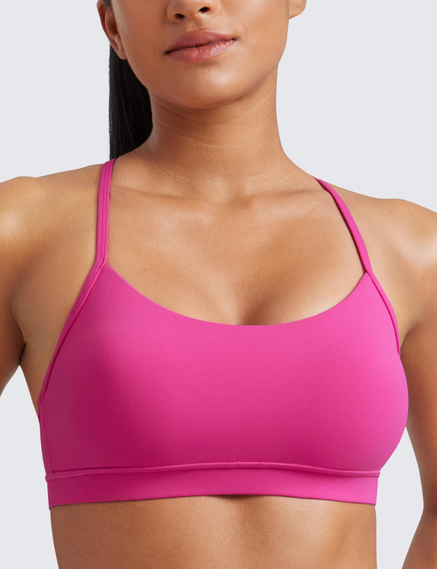 CRZ YOGA Butterluxe Y Back Sports Bras for Women - Padded Racerback Low Impact Spaghetti Thin Strap Workout Yoga Top Hibiscus Purple X-Small