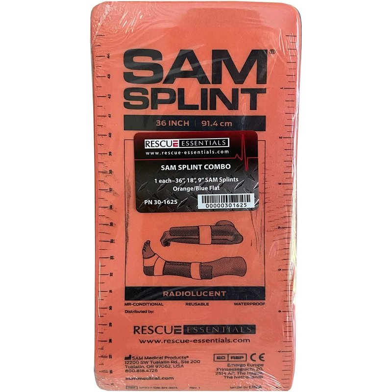 Rescue Essentials SAM Splint 3X Combo Pack – Moldable Aluminum Foam Splint for Fractures, Sprains & Strains – Lightweight, Reusable, Radiolucent Emergency Splint Set (1 Each 4.25" x 9", 18", 36"), Orange/Blue – Professional First Aid Immobilization
