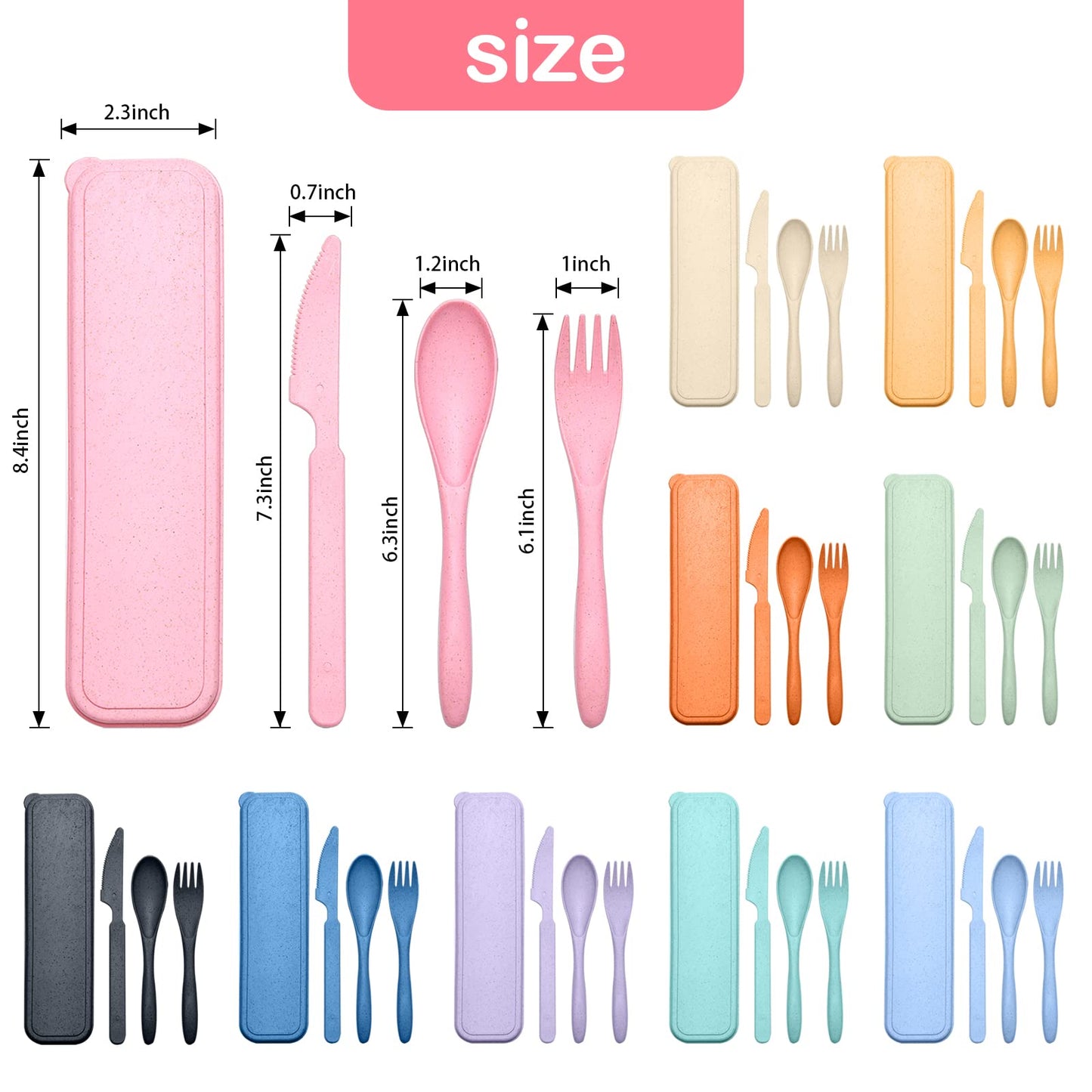 Reusable Travel Utensils Set with Case, 10 Sets Wheat Straw Portable Knife Fork Spoons Cutlery, Eco-Friendly BPA Free Plastic Tableware for Kids Adults Travel Picnic Camping Silverware