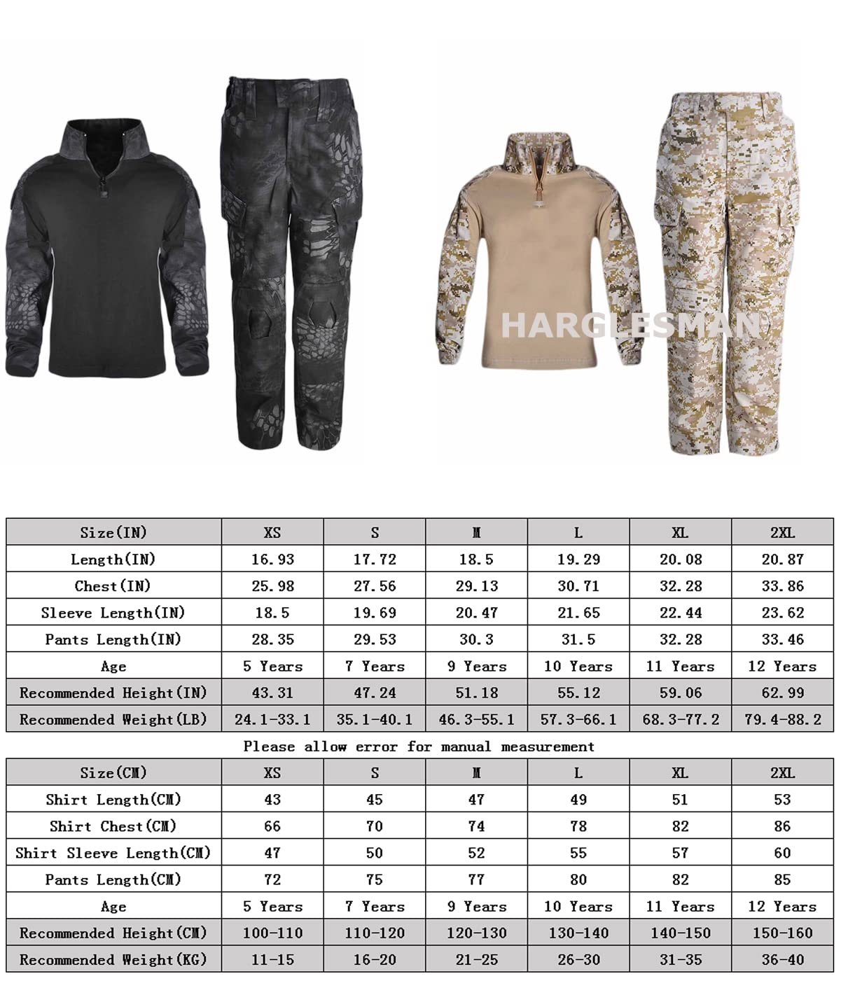 HARGLESMAN Kid's Tactical Military Suits Long Sleeve Amry G3 Camouflag Uniforms Quick Dry Combat Shirt and Pants Paintball Apparel Gear Airsoft BDU Clothes Camo for 5 Yerar