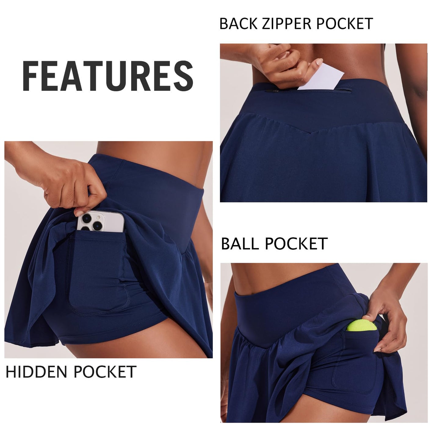 PINSPARK Pleated Tennis Skirt for Women with 3 Pockets High Waisted Athletic Golf Skorts Skirts for Running Casual, Navy Blue Medium