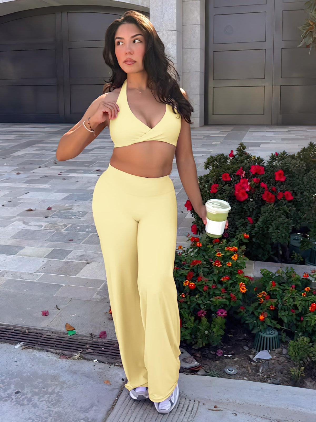 YEOREO Workout Women Straight Leggings 31.5" Gym Yoga Pants Butter Yellow L