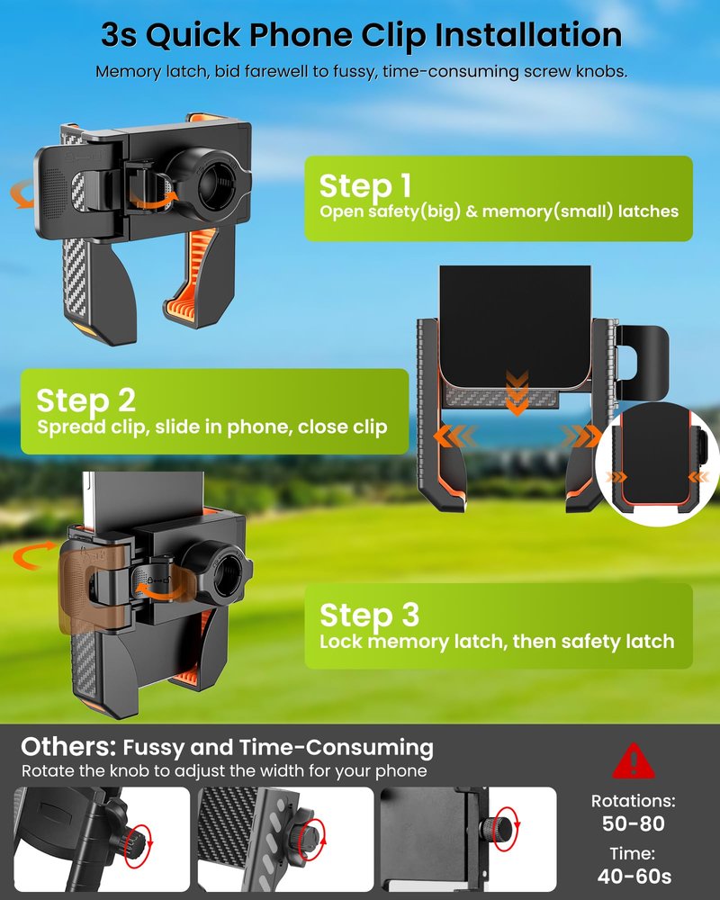 Smerkod Golf Cart Phone Holder Mount - 3s Phone Clip Install, 1s Lock & Release, Fathers Day Golf Gifts for Men Dad Husband Him Golfer, Golf Accessories Essentials Gadgets Fits Club Car, EZGO, Yamaha