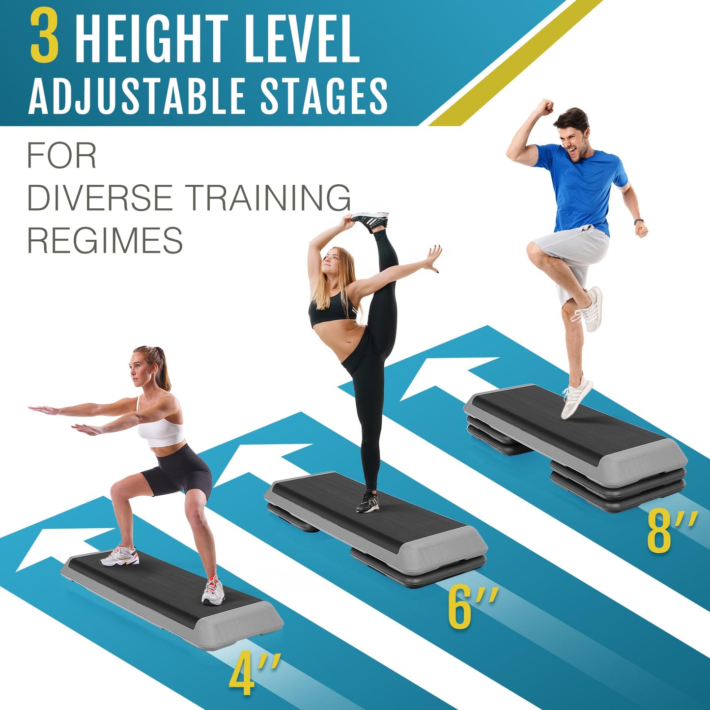 F2C 43 inch Aerobic Exercise Step Platform Adjustable Height Stepper Exercise Workout Step Bench with 4 Risers 4" - 6" - 8" Large Fitness Exercise Stair Step for Home Gym Fitness Training Black