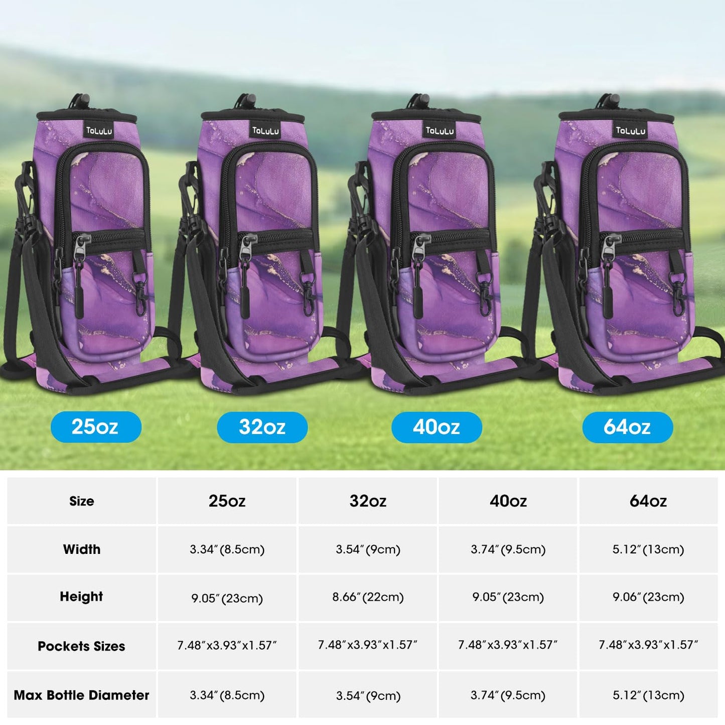 ToLuLu Water Bottle Carrier Bag 25/32/40oz with Pocket, Insulated Neoprene Adjustable Shoulder Strap Water Bottle Pouch Case, Crossbody Water Bottle Holder Sling Sleeve for Kids Adults,Purple Marble