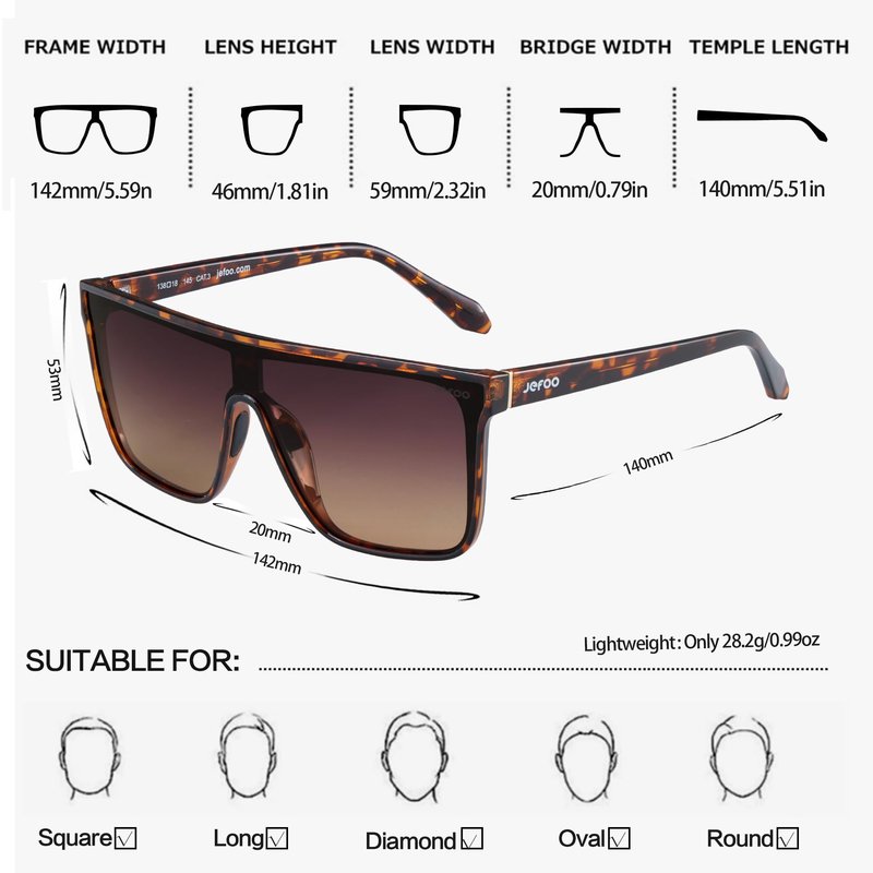 Jefoo Polarized Square Sunglasses for Women Men Oversized Fashion Siamese Lens Style Flat Top Shield Shades UV Protection
