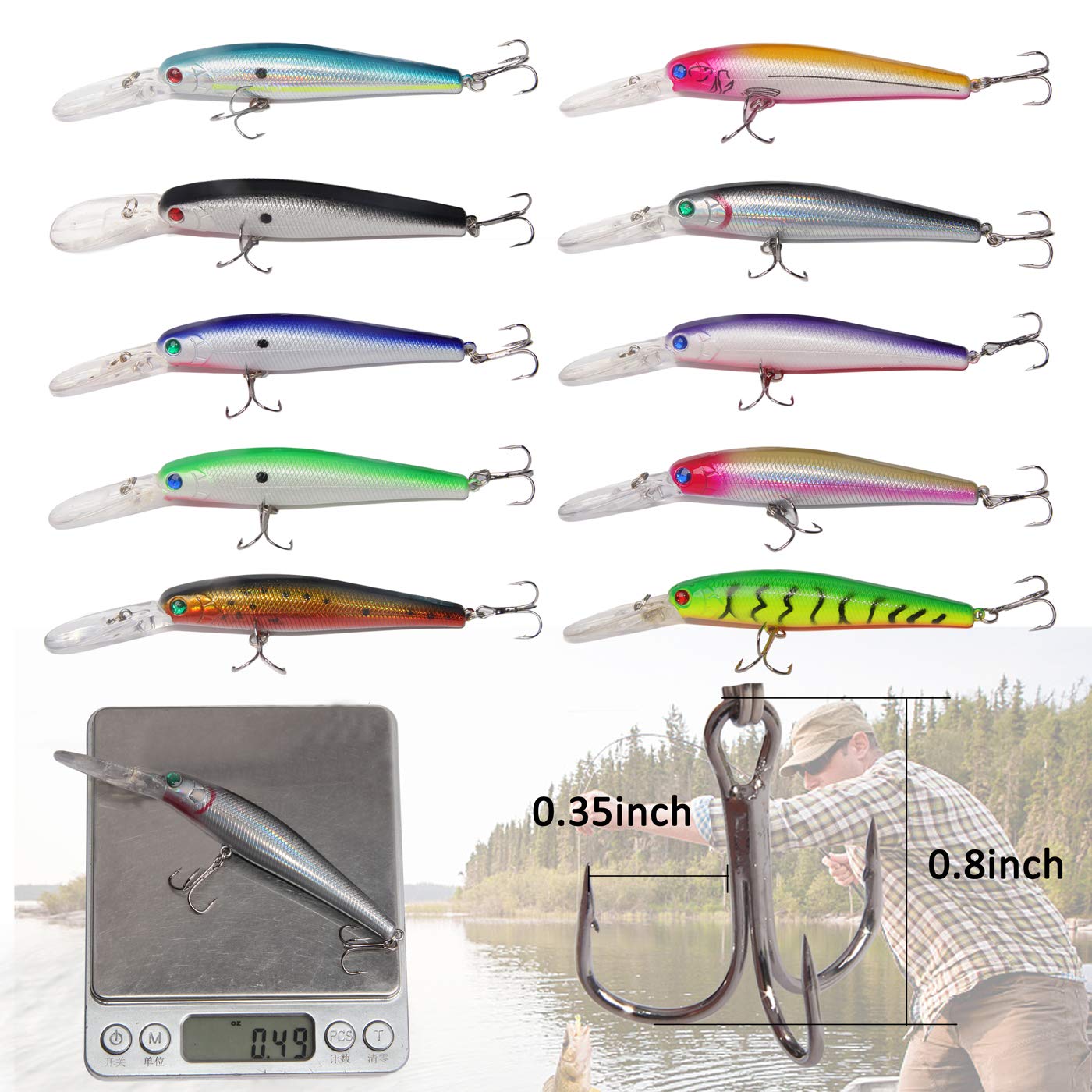 Fishing Lures Kit 10pcs Hard Bait Minnow Deep Diving Swimbait Life-Like Walleye Lures for Bass Trout Pike Freshwater Saltwater Fishing Bait