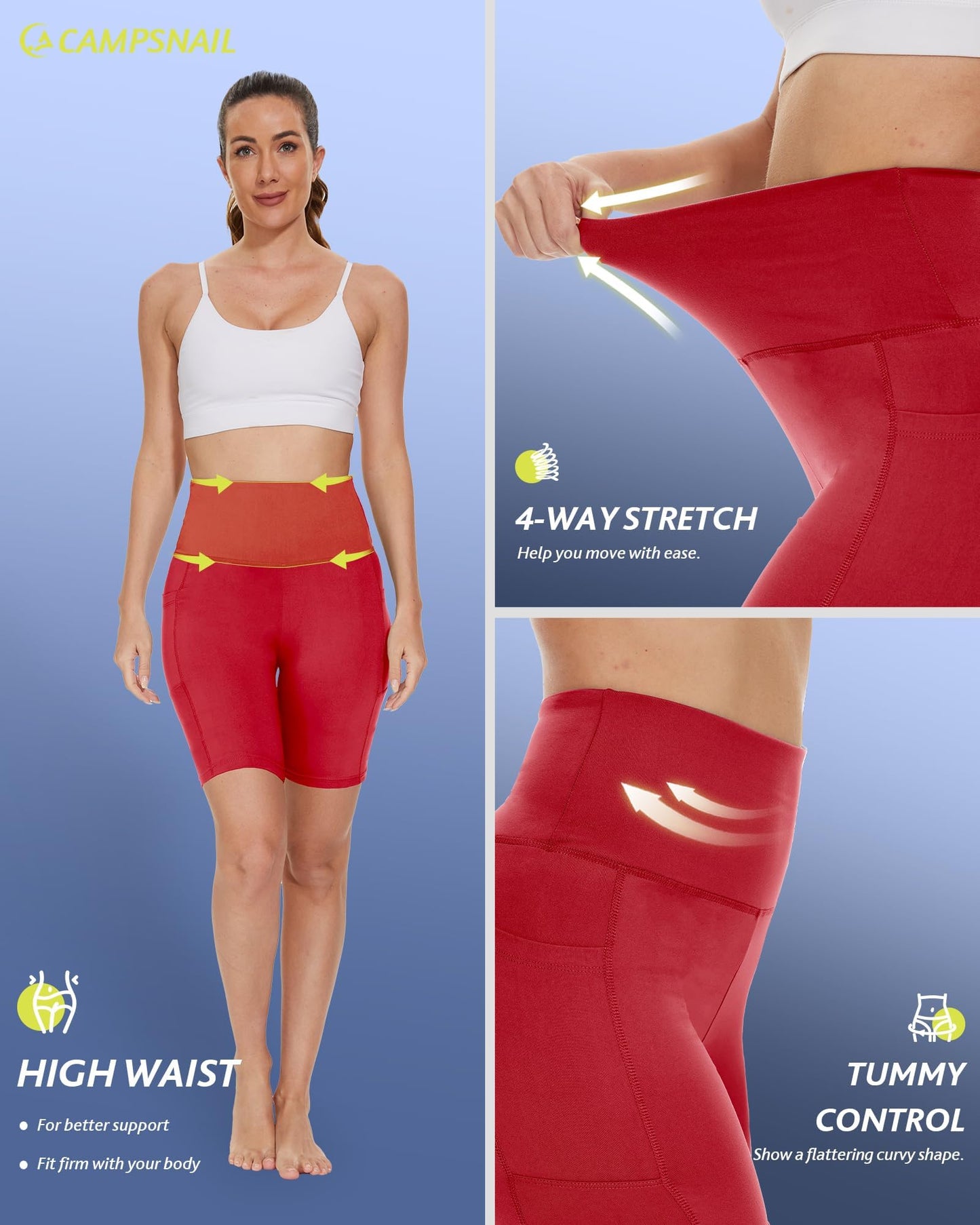 CAMPSNAIL Biker Shorts Women with Pockets - 3"/5"/8" High Waisted Workout Spandex Tummy Control Gym Running Yoga Shorts Red