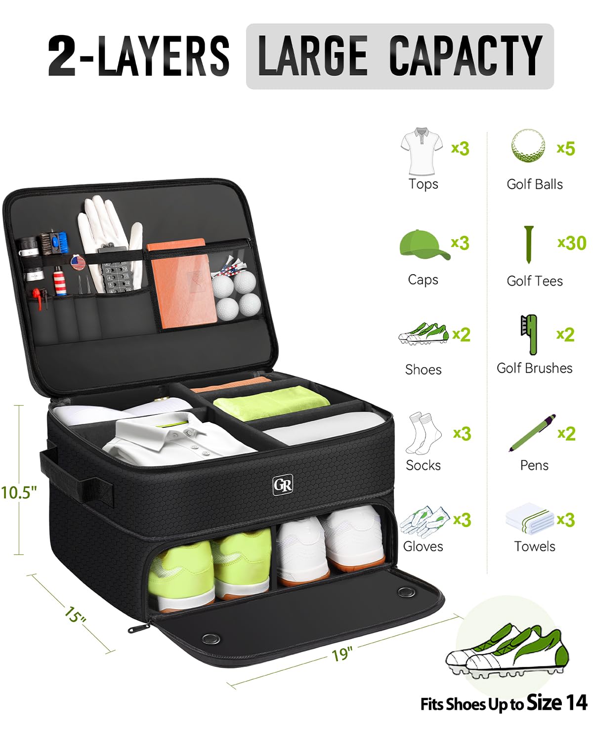 Odor-Absorbing 2-Layer Large Golf Trunk Organizer with Activated Carbon Fabric - Water-Resistant Golf Shoe Bag for Shoes Balls Tees Clothes Gloves Golf Accessories, Fathers Day Dad Gifts for Men