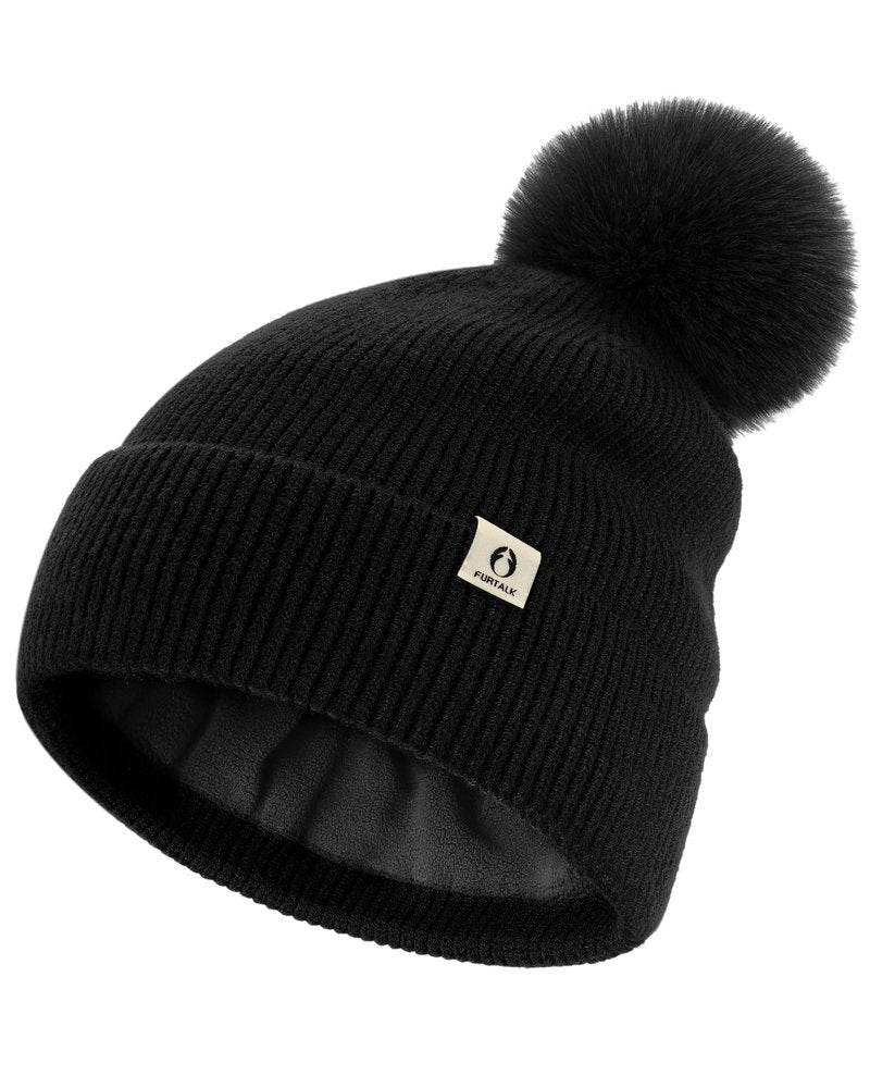 FURTALK Pom Pom Winter Hats for Women Fleece Lined Slouchy Warm Beanie Skull Cap Black