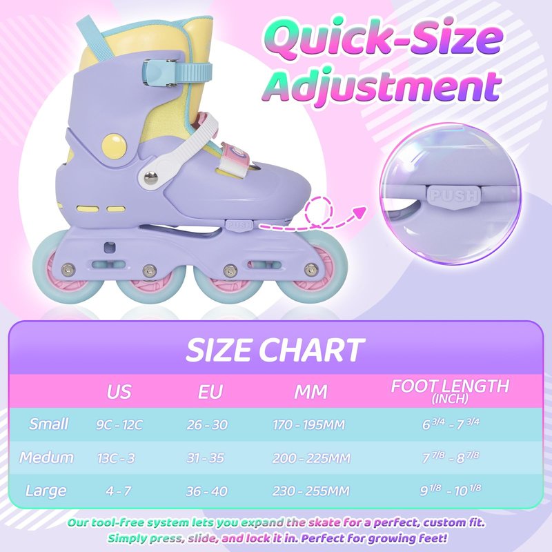Nattork Inline Skates for Girls Kids Teens Boys Age 6-12, 4 Sizes Adjustable Blades Roller for Outdoor Indoor Birthday Purple
