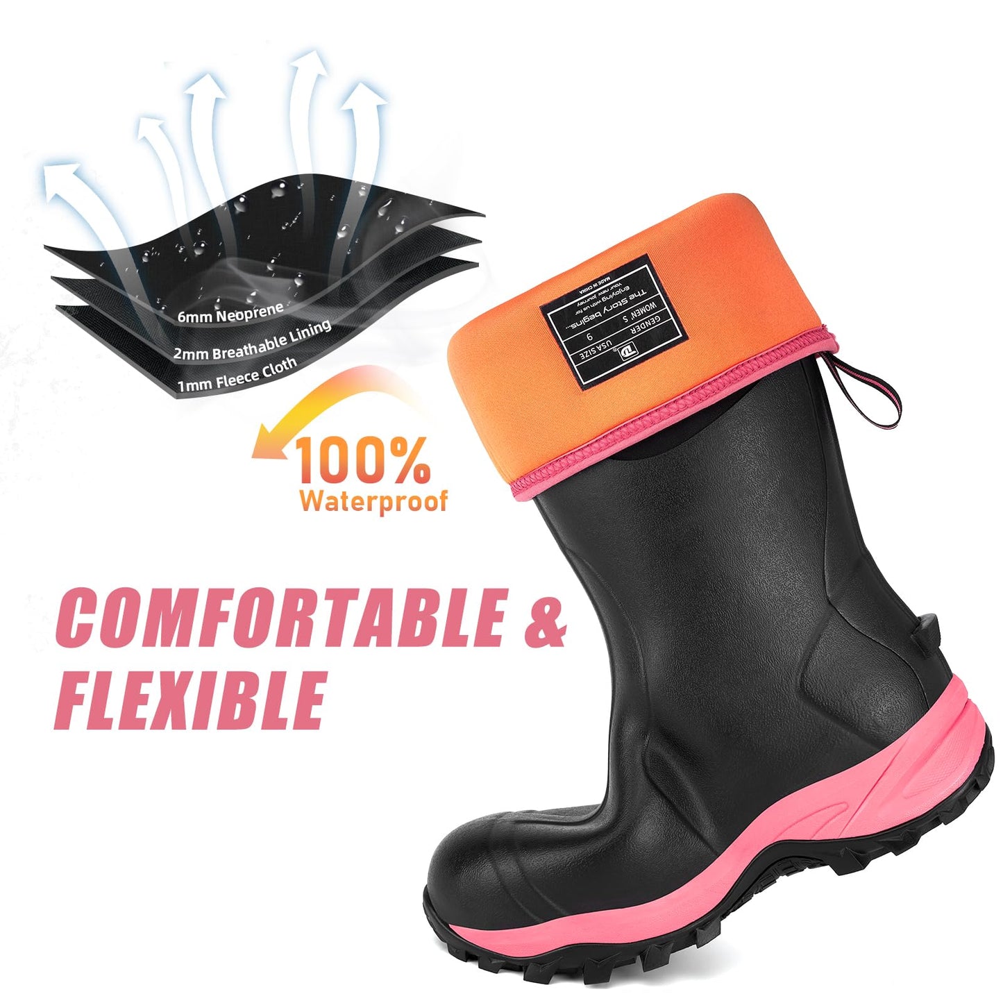 Trudave Rubber Boots for Women with Steel Shank, Waterproof Insulated Mud Rain Boots, 6mm Neoprene Anti-slip Outdoor Work Boots, Pink, Size 8