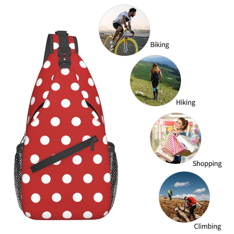 QISENTIS Polka Dots Sling Bag for Women Crossbody Bag Abstract White Small Circle Dot Geometric Pattern on Red Background Sling Backpack for Men Dot Pattern Shoulder Bag Gym Travel Hiking Daypack