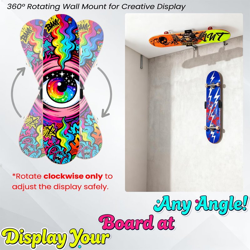 OOHGLITZ Skateboard Wall Mount - 360° Rotatable Skateboard Wall Hanger with Super Big Clips and Metal Base for Floating Display (1 Set)