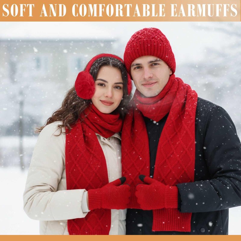 Geyoga 6 Pcs Winter Warm Set for Women Warm Beanies Hats Touchscreen Gloves Long Scarf Ear Muffs Socks Winter Gifts for Women(Red,Argyle)