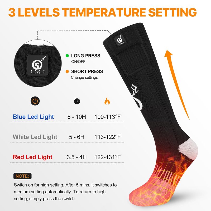 SNOW DEER Heated Socks,Electric Rechargeable Battery Heating Foot Warmer for Men Women,Winter Ski Hunting Camping Hiking Riding Motorcycle(M)
