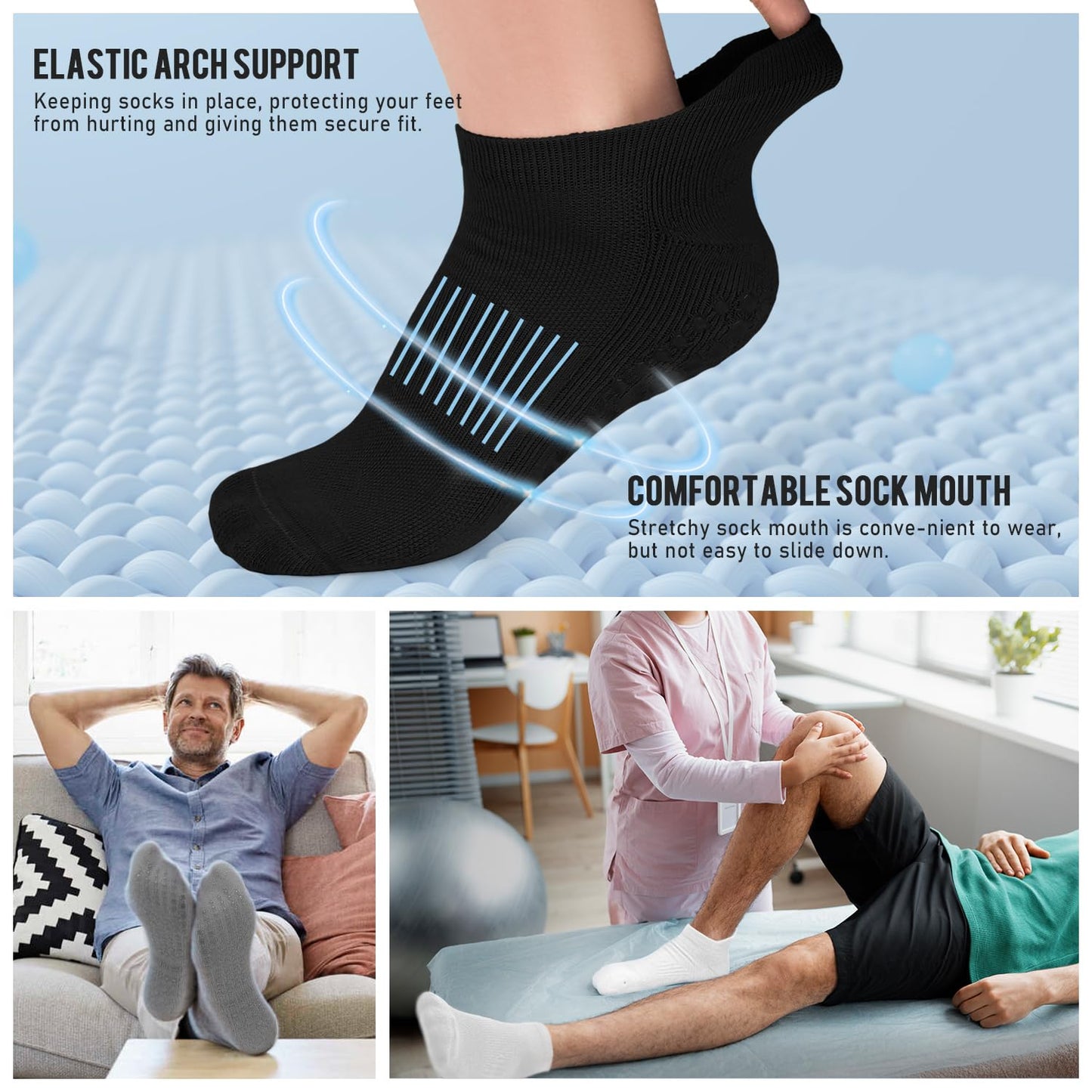 FuelMeFoot Men's Non Slip Yoga Socks with Grips Anti Slip Socks with Cushion for Hospital, Pilates, Fitness Grippy Socks