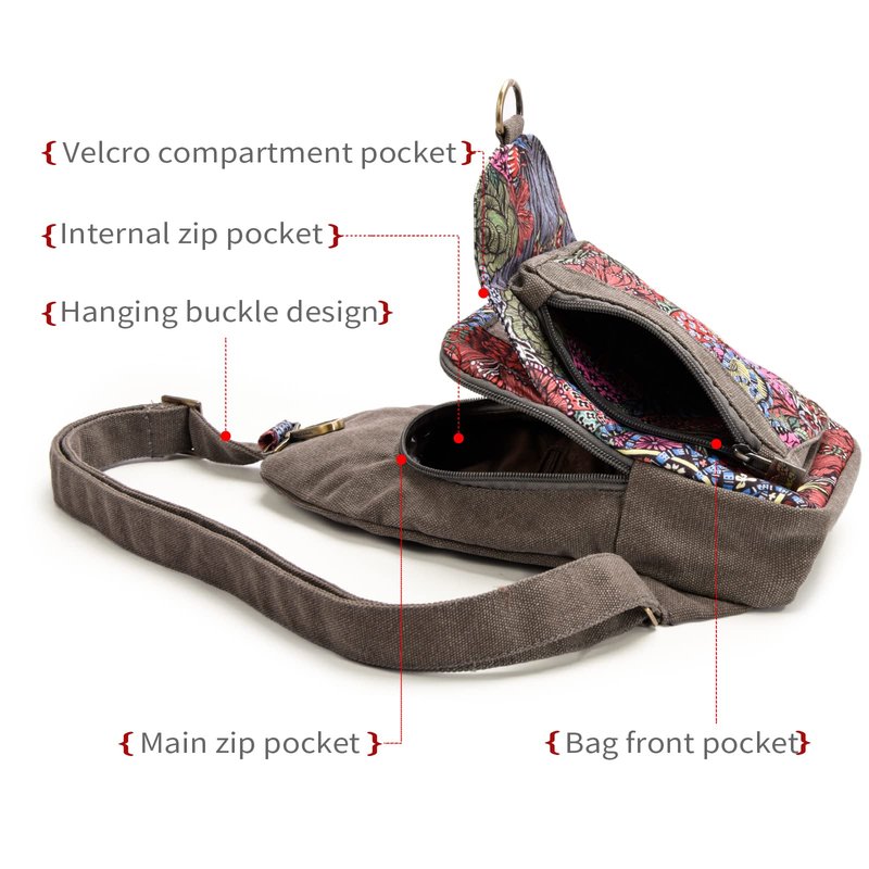 Black Butterfly Bohemian Floral Canvas Sling Bag for Women Men, Lightweight Crossbody Chest Bag for Travel Hiking, Adjustable Shoulder Strap Daypack with Multiple Pockets (Grey)