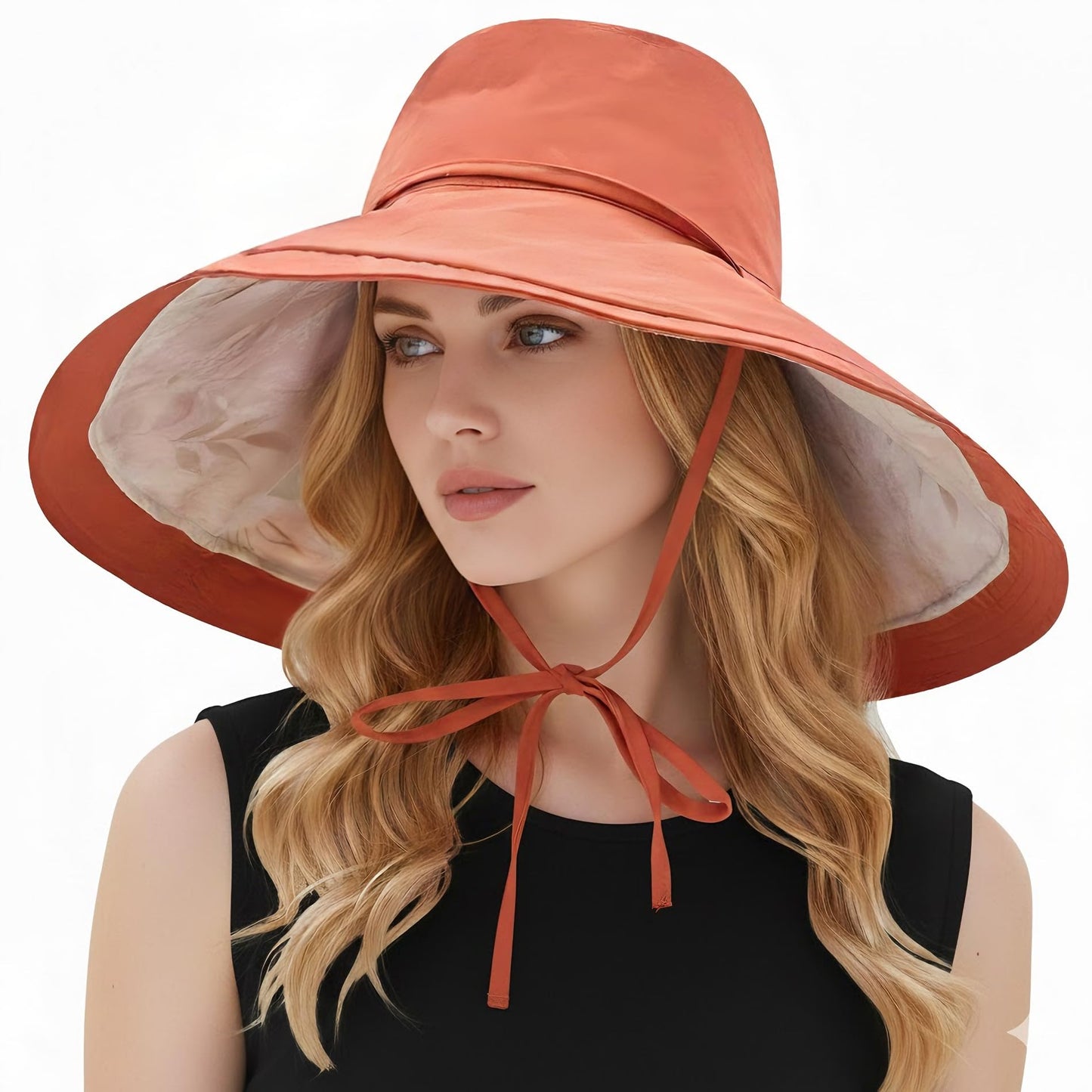 HUAMULAN Wide Brim Women Summer Sun Floppy Hat Ponytail Beach Bucket Fishing Hats Reversible Packable Outdoor UV Protection Orange
