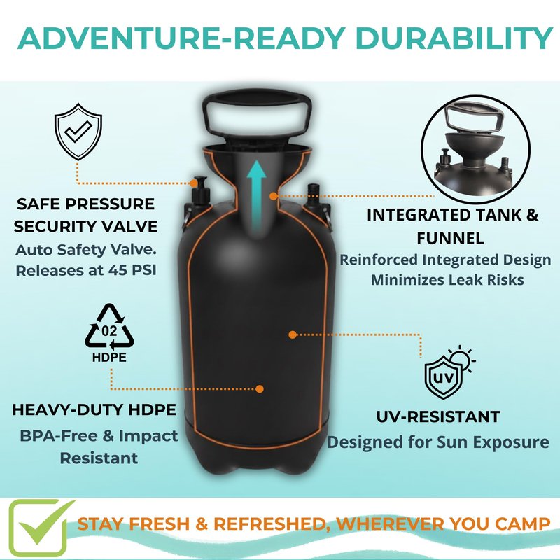 AVANTI CAMP 2.1 Gallon Pressurized Portable Camping Shower | 10 Spray Modes | Neoprene Insulated Cover & Padded Shoulder Strap | Beach Shower for Surf, Travel, Van Life & Sand | Pet Rinse Kit | Black