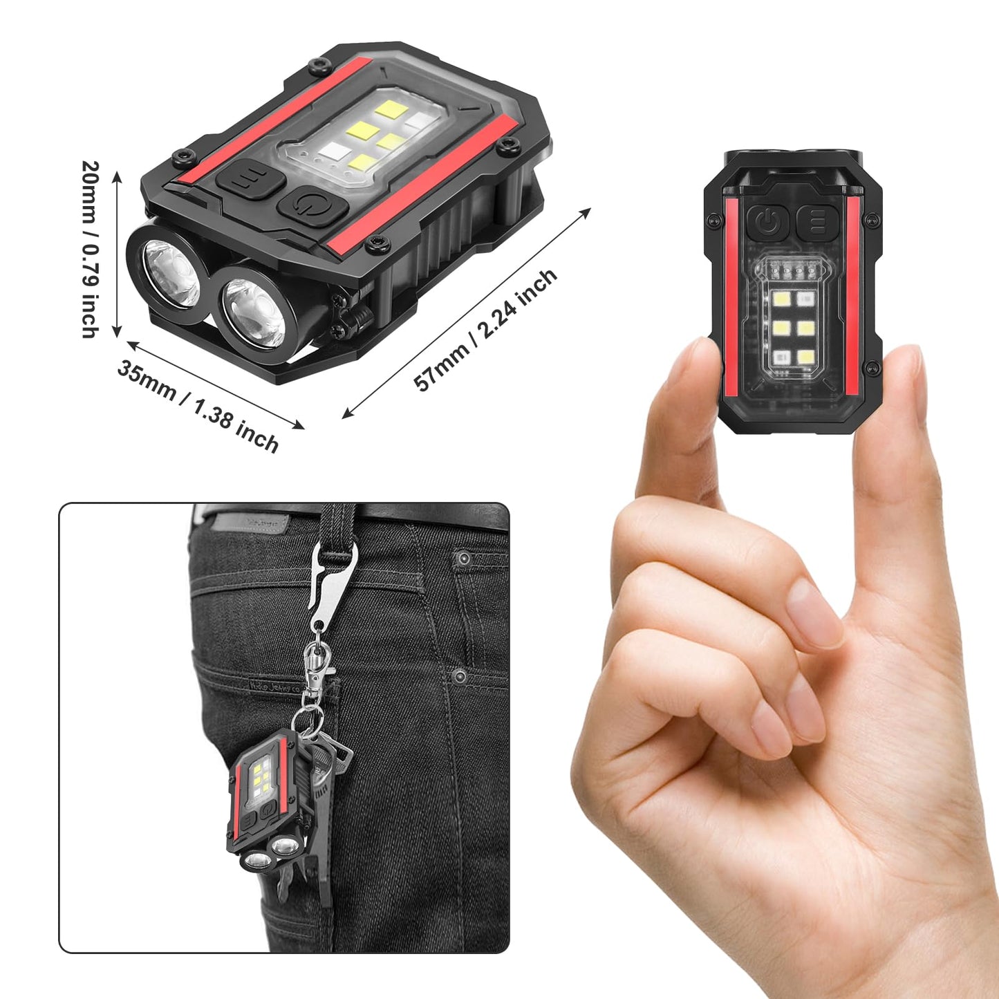 SUNPRO Mini Keychain Flashlight with Clip, 8 Modes Pocket Flash Light, Red Blue COB Side Light, Type-C Rechargeable for Hiking, Camping, Emergency (2, Balck+Black)