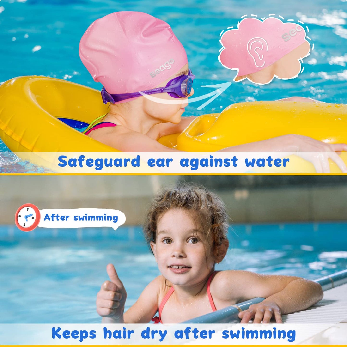 Seago Swim Cap for Kids 6-14 Large Swim Cap for Braids and Dreadlocks Long Hair Swimming Caps for Girls Boys Youth with Nose Clip Waterproof Pool Silicone Bathing Swimming Cap That Keep Hair Dry