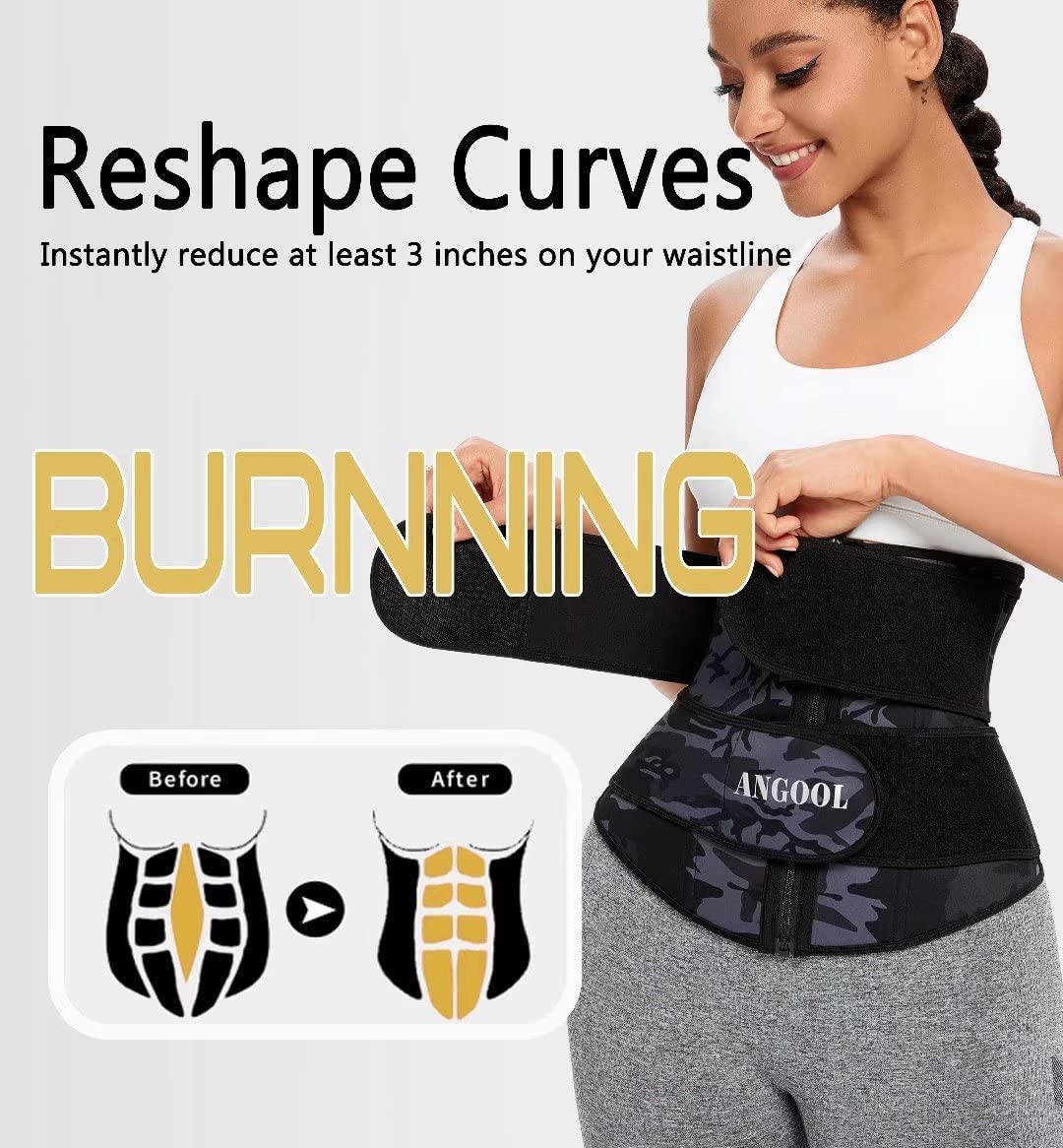 ANGOOL Neopren Waist Trainer For Women,Workout Plus Size Trimmer Belt Sauna Sweat Corset Cincher With Zipper M Camo