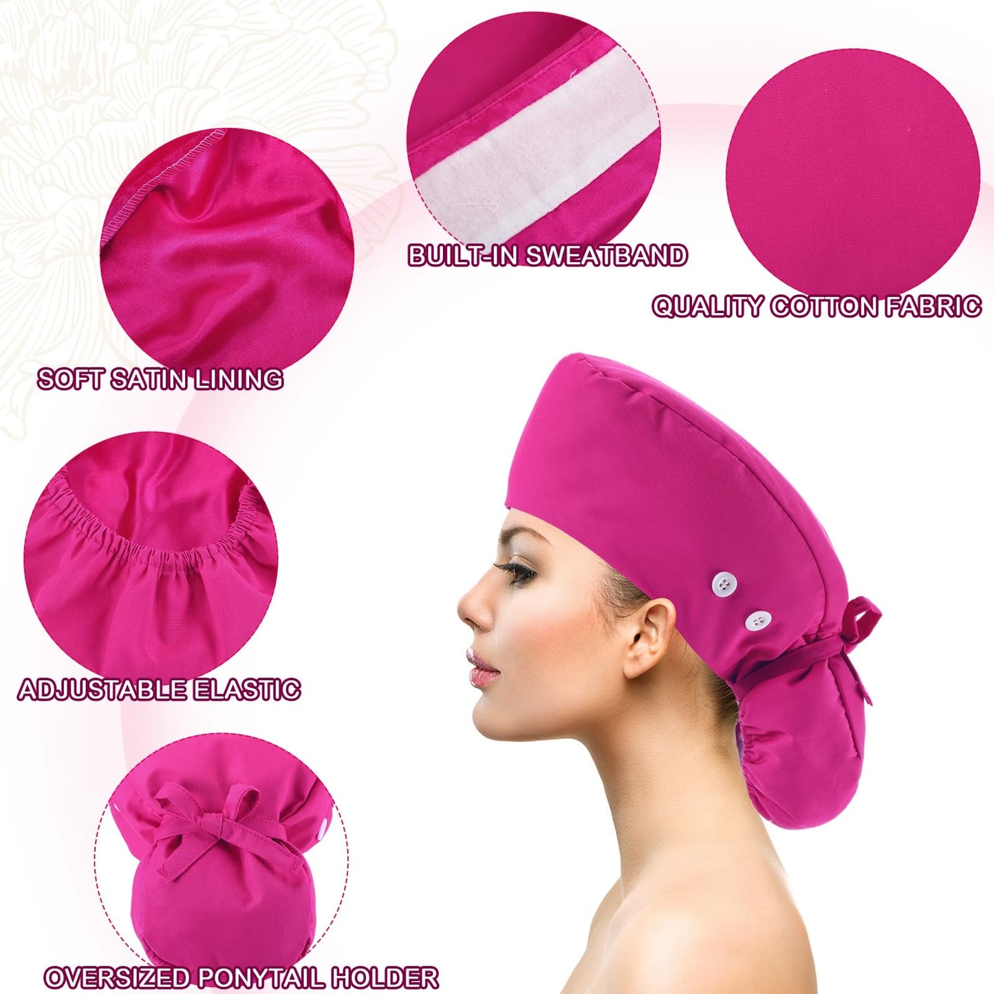 Jamntower 8 Pcs Satin Lined Scrub Caps, Nurse Hats with Buttons Sweatband, Adjustable Ponytail Surgical Caps for Women(Multicolor,Simple)
