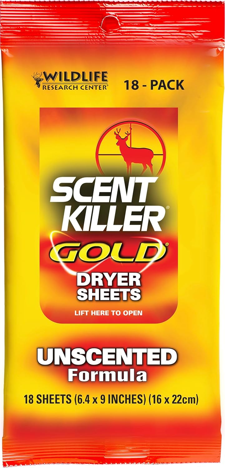 Wildlife Research Scent Killer Gold Dryer Sheets - Unscented, 18 Count | Effective Odor Elimination